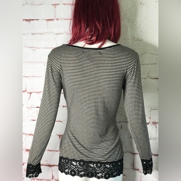 MAX STUDIO Black + Grey Stripe Black Lace Cuff + Hem long sleeve knit top SMALL - Picture 4 of 11
